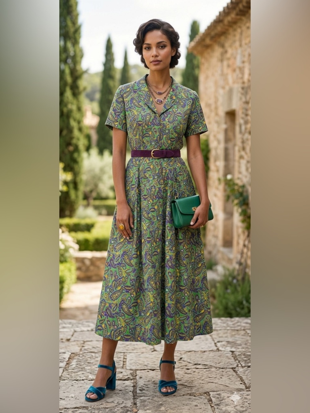 Vintage 60s Paisley Midi Dress Vibrant Green Purple Retro Fit & Flare M/L
